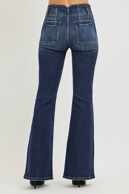 Dark wash Risen high-rise flare jeans with seam detailing and a wide waistband, showcasing trendy denim style.
