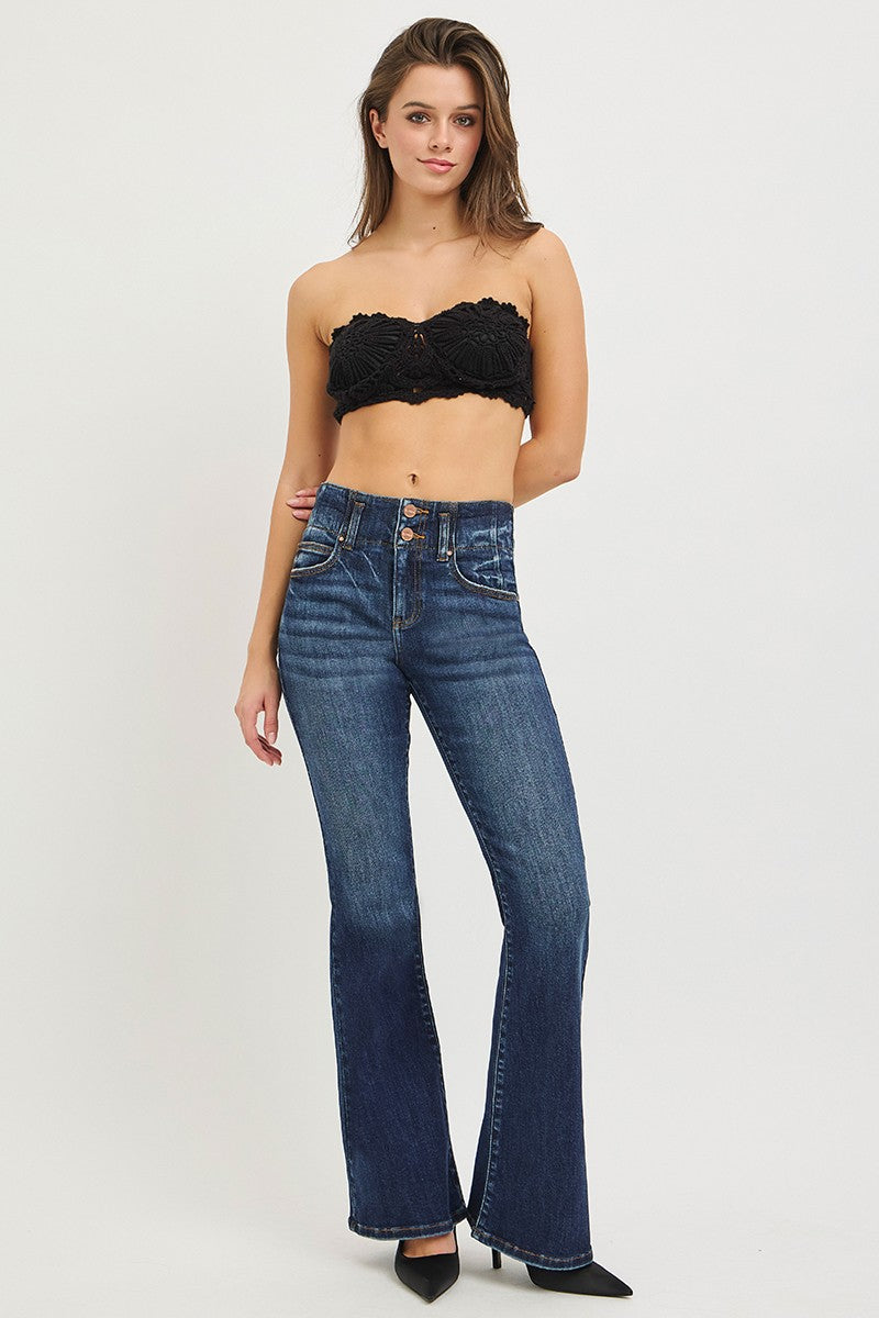 Dark blue Risen high-rise flare jeans with seam detail on the waistband, stylish and fitted through the hips and thighs.