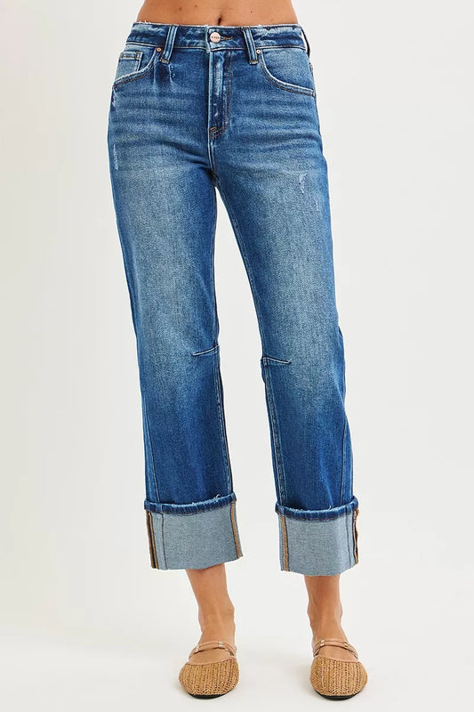 Dark blue Risen high rise straight jeans with distressed hem and classic five-pocket style, casual denim for everyday wear.