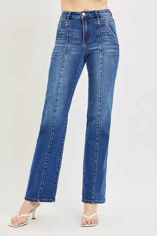 Dark wash Risen high-rise straight jeans with patch pockets and seamed details from Trendsi, showcasing a classic denim style.