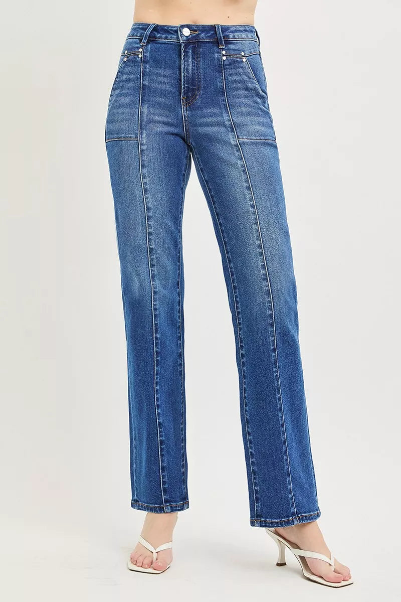 Dark wash Risen high-rise straight jeans with patch pockets and seamed details, stylish denim from Trendsi.