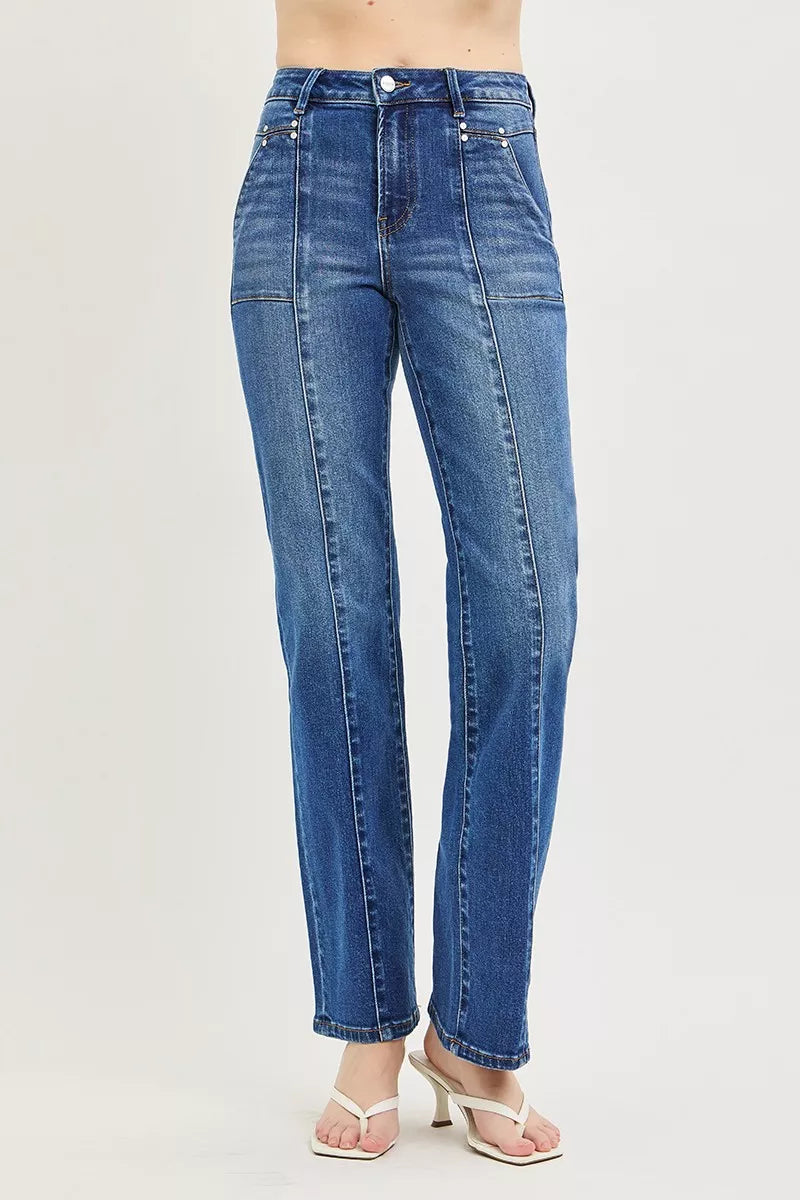 Dark wash Risen high-rise straight jeans with patch pockets and seamed detailing, by Trendsi.