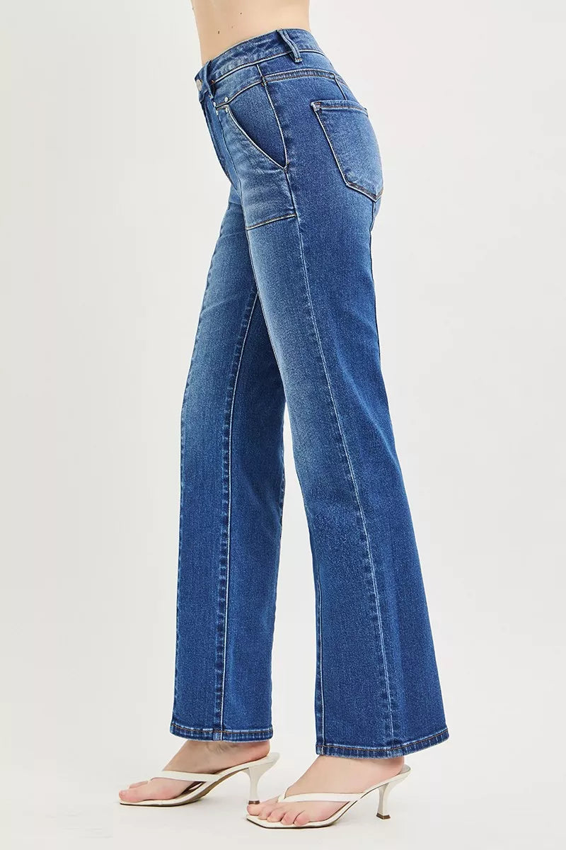 Dark wash RISEN high-rise straight jeans with patch pockets and seamed details, from Trendsi.