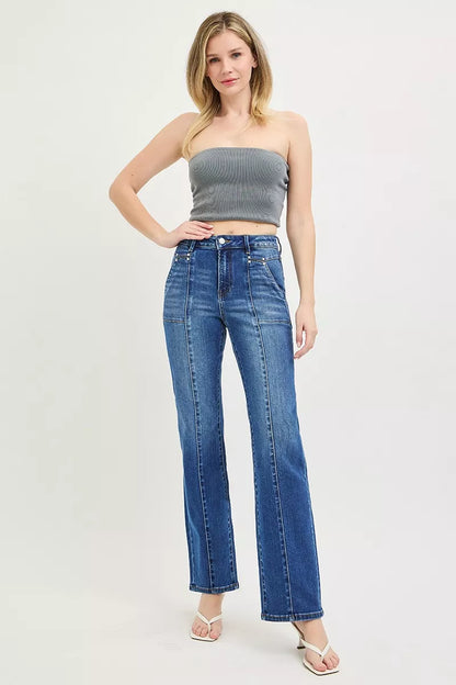 Dark wash Risen high-rise straight jeans with patch pockets and seamed details, from Trendsi.