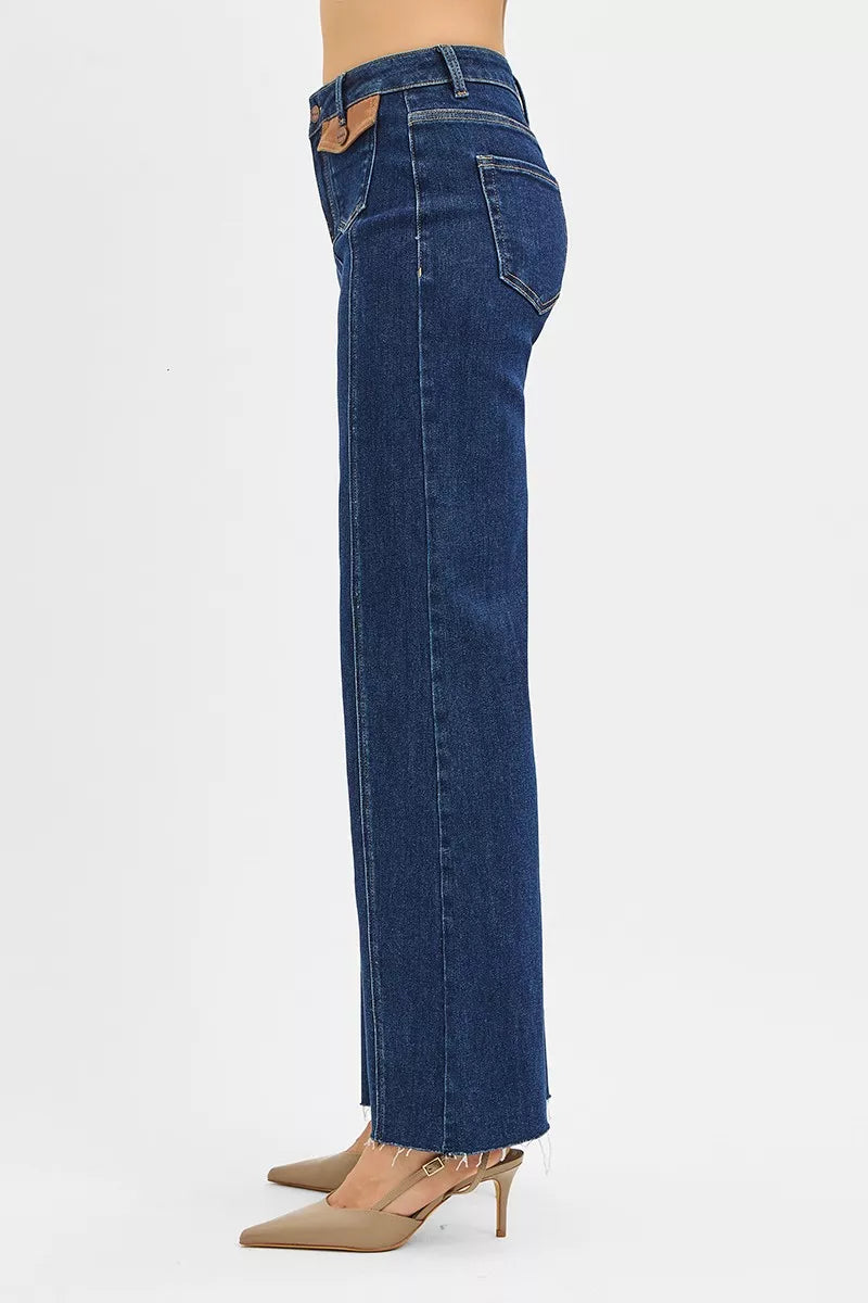 Dark Risen high-rise wide flare jeans with front leather pocket detail, trendy denim pants for a stylish casual look.