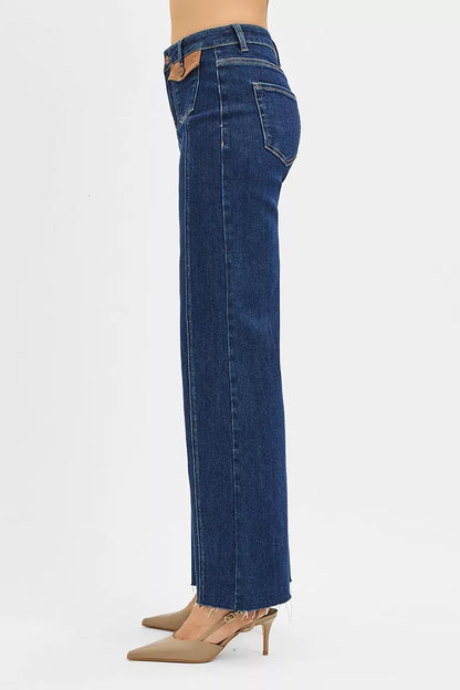 Dark Risen high-rise wide flare jeans with front leather pocket detail, trendy denim pants for a stylish casual look.