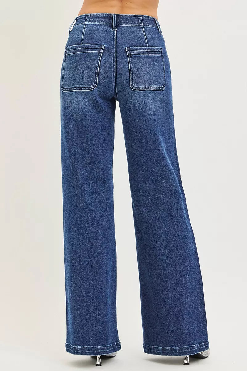 Dark high-rise wide-leg jeans with slanted pockets by RISEN, featuring a casual, relaxed fit and stylish design.
