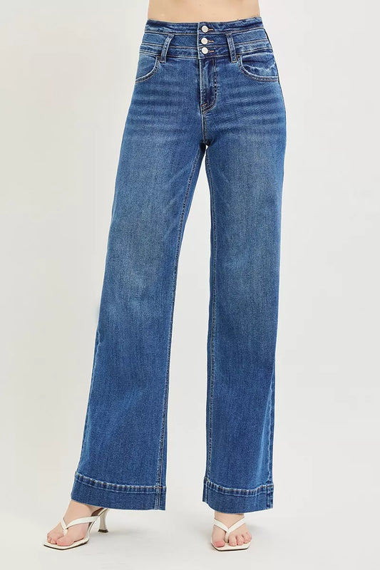 Dark high-rise wide-leg jeans with a wide band detail from Risen, styled for a casual, trendy look.