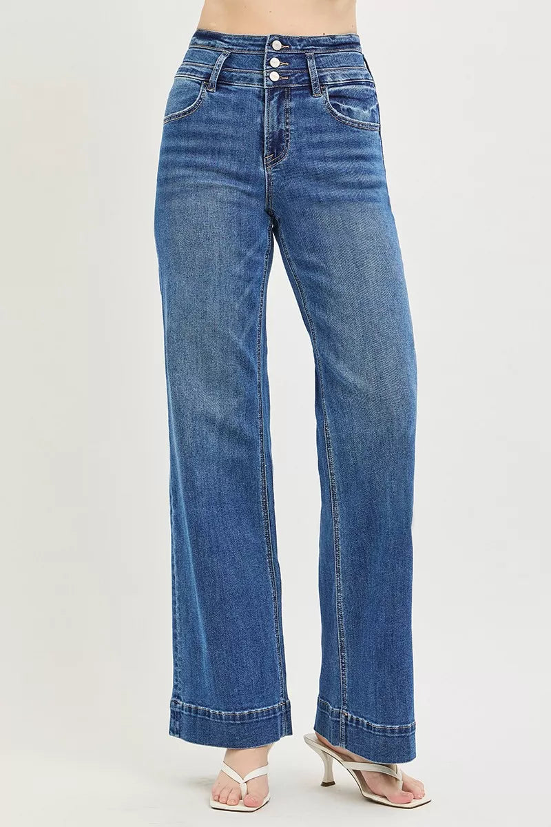 Dark denim RISEN high-rise wide-leg jeans with wide band detail, relaxed fit, and stylish silhouette from Trendsi.