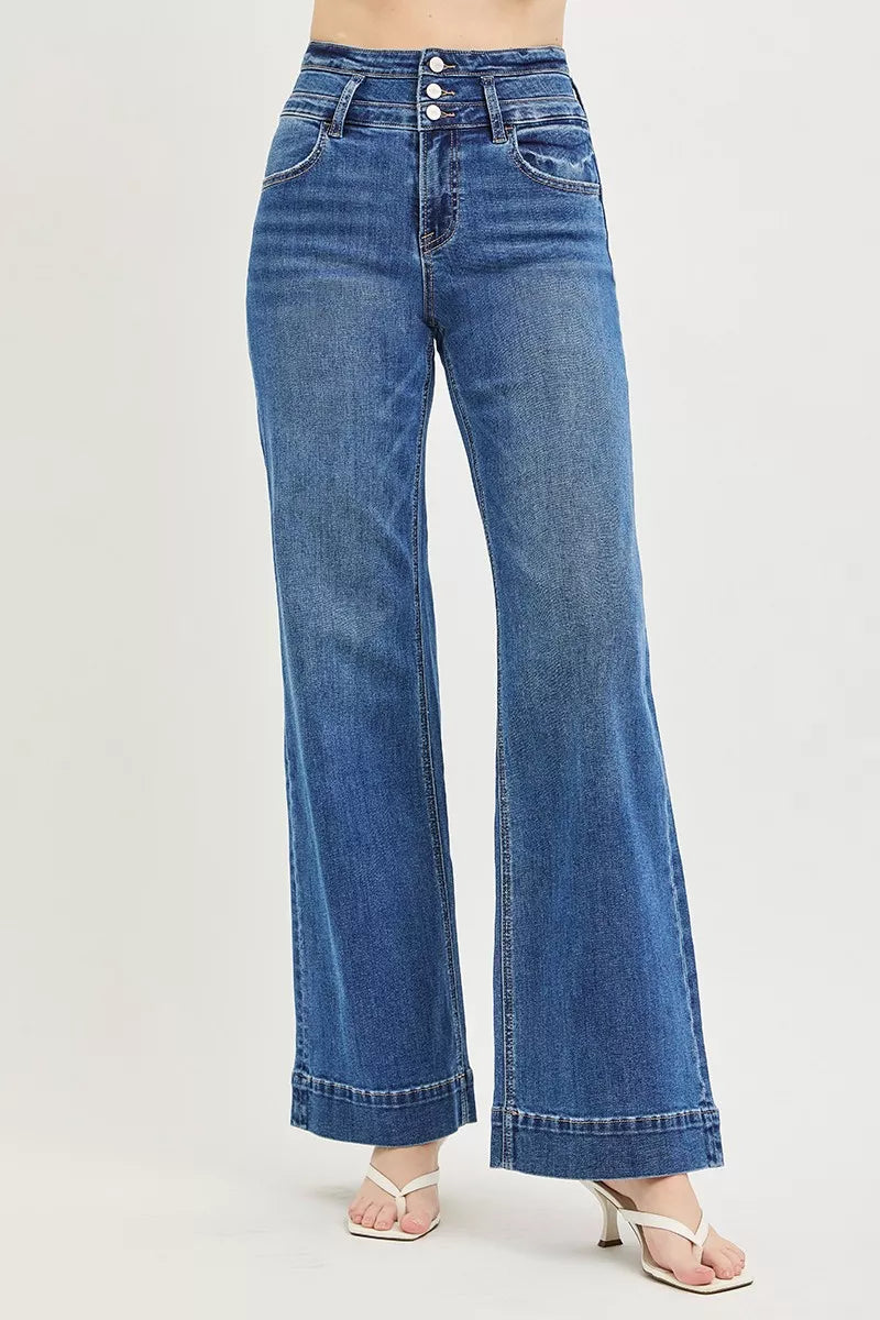 Dark wash Risen high-rise wide-leg jeans with wide band detail, showcasing a relaxed fit and stylish silhouette.