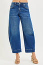 Dark wash RISEN mid-rise crop barrel jeans from Trendsi, featuring a classic five-pocket design and relaxed fit.