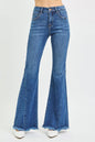 Dark wash RISEN mid-rise flare jeans with side seam detailing and classic five-pocket design, stylish and comfortable for casual wear.