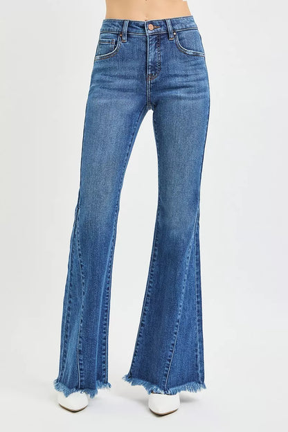 Dark blue Risen mid-rise flare jeans with side seam detailing, featuring a trendy fit and stylish silhouette by Trendsi.