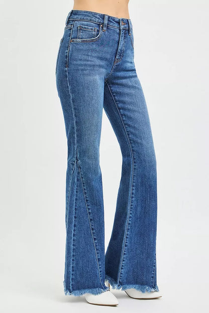 Dark wash RISEN mid-rise flare jeans with side seam detailing, stylish and fitted for a trendy casual look.