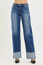 Dark wash RISEN mid-rise wide straight jeans with wide cuff, featuring classic denim style and relaxed fit.