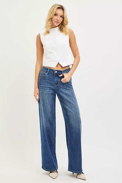 Dark RISEN slouchy baggy jeans with pockets, relaxed fit, casual style, by Trendsi.