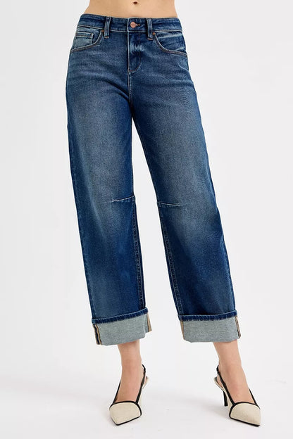 Dark RISEN slouchy crop barrel cuff jeans from Trendsi, featuring a relaxed fit with cuffed hems and trendy distressed details.