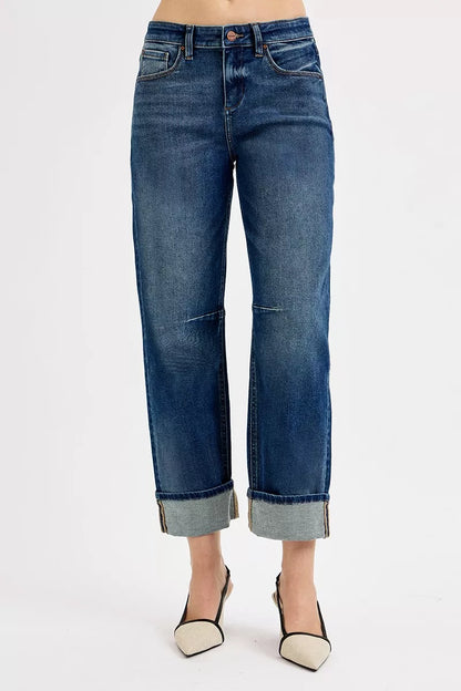 Dark RISEN slouchy crop barrel cuff jeans from Trendsi, featuring a relaxed fit and trendy cuffed hem, shown on a model.