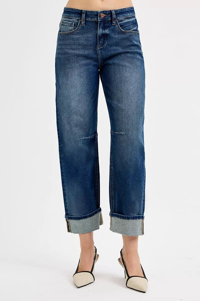 Dark RISEN slouchy crop barrel cuff jeans from Trendsi, showing relaxed fit and trendy distressed details.