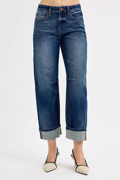 Dark RISEN slouchy crop barrel cuff jeans from Trendsi, showing relaxed fit and trendy distressed details.
