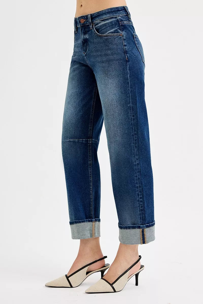 Dark RISEN slouchy crop barrel cuff jeans with relaxed fit and distressed details, perfect for casual wear.