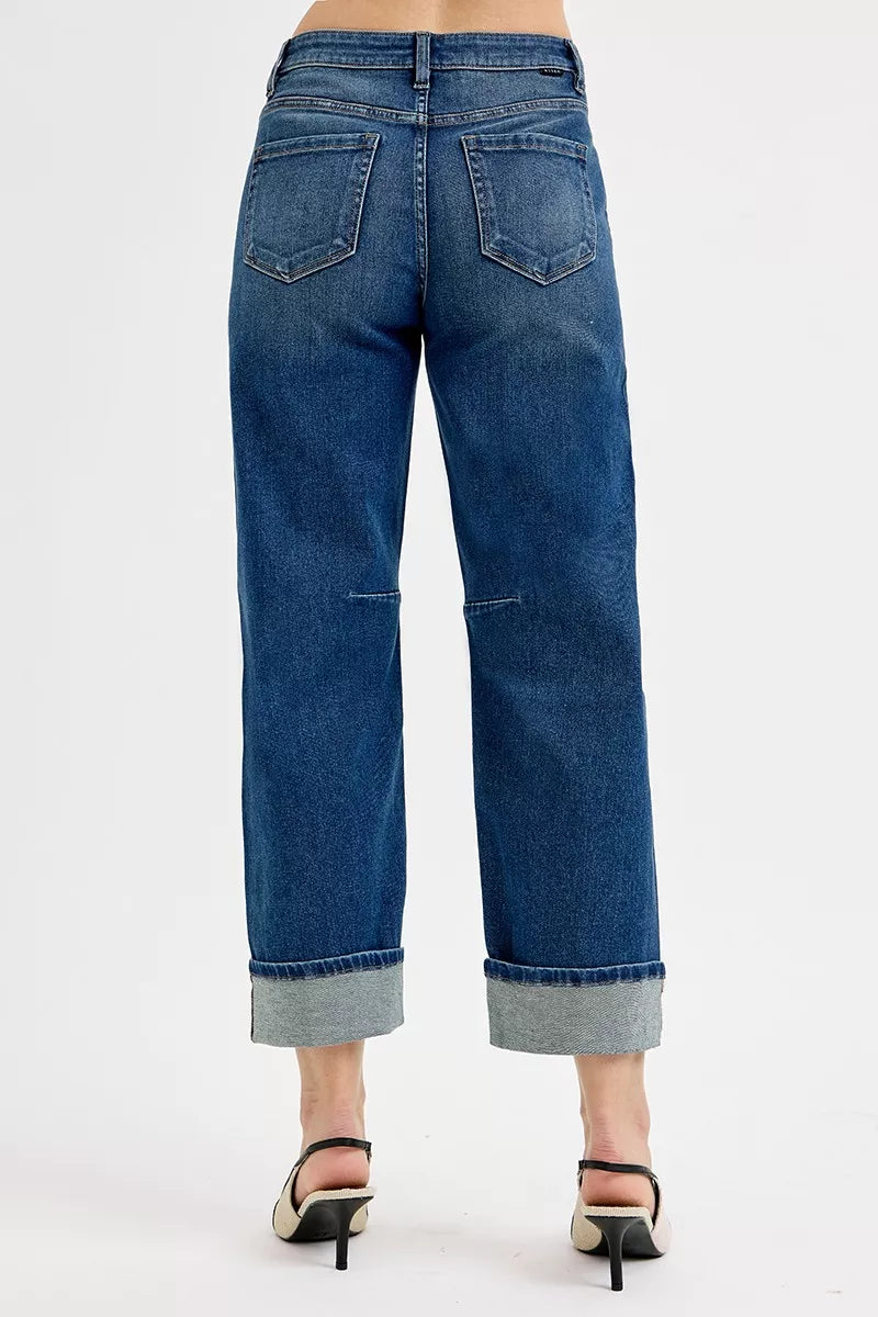 Dark RISEN slouchy crop barrel cuff jeans from Trendsi, featuring a relaxed fit and cuffed hems, casual denim style.