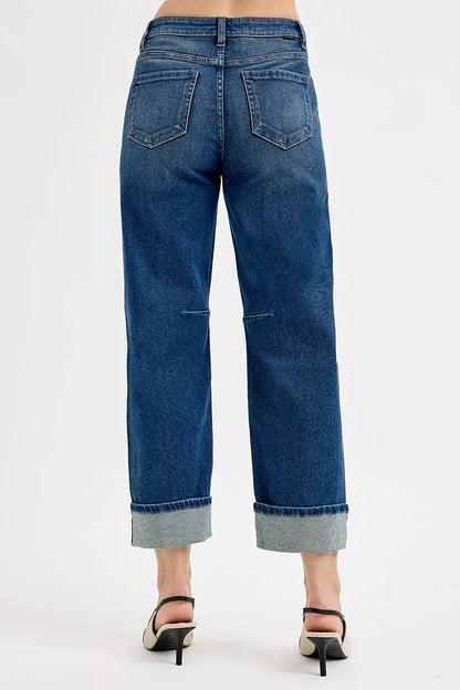 Dark RISEN slouchy crop barrel cuff jeans from Trendsi, featuring a relaxed fit and cuffed hems, casual denim style.
