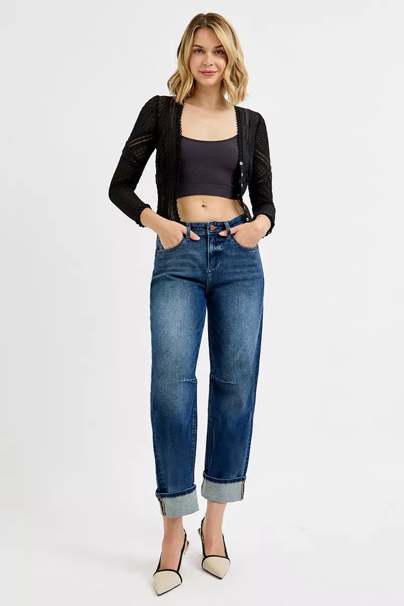 Dark RISEN slouchy crop barrel cuffed jeans by Trendsi, featuring a relaxed fit and stylish cuffed hem, displayed on a neutral background.