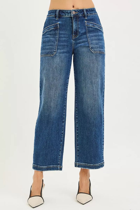 Dark RISEN slouchy cropped baggy jeans by Trendsi with front patch pocket and relaxed fit, casual style for everyday wear.