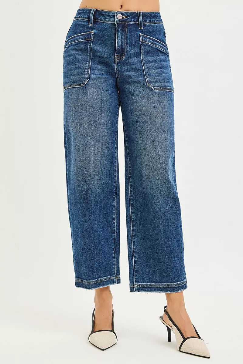 Dark RISEN slouchy cropped baggy jeans with front patch pocket, casual denim style from Trendsi.