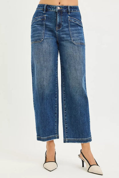 Dark RISEN slouchy cropped baggy jeans with front patch pocket, casual denim style from Trendsi.