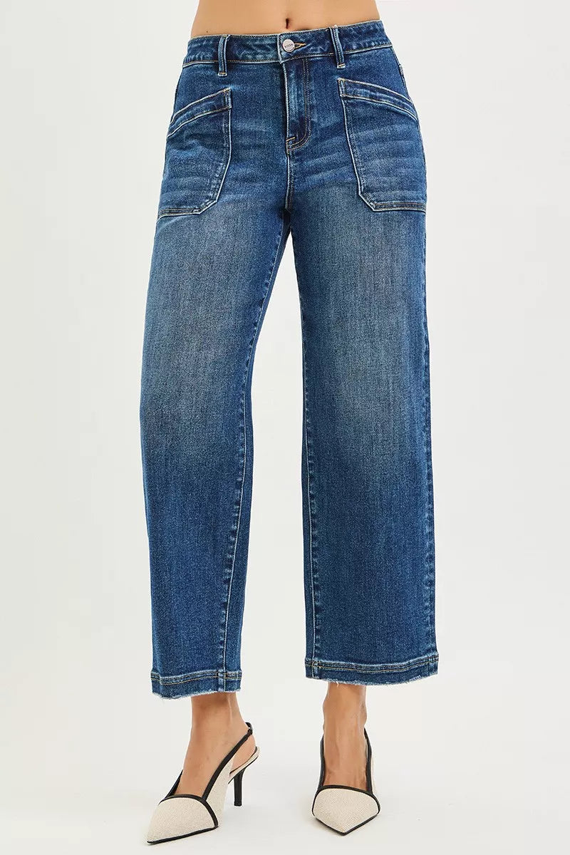 Risen slouchy cropped baggy jeans with front patch pocket, dark wash, casual fit, and relaxed style.