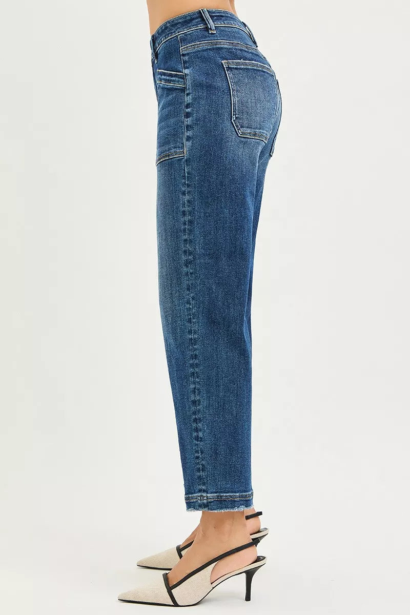 Dark RISEN slouchy cropped baggy jeans with front patch pocket, relaxed fit, and trendy casual style from Trendsi.