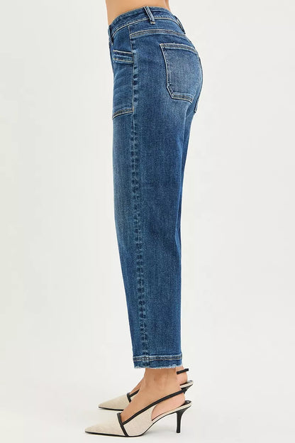 Dark RISEN slouchy cropped baggy jeans with front patch pocket, relaxed fit, and trendy casual style from Trendsi.