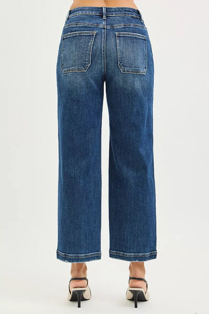 Dark RISEN slouchy cropped baggy jeans with front patch pocket, relaxed fit, and trendy casual style from Trendsi.