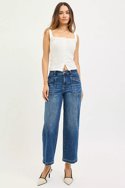 Dark RISEN slouchy cropped baggy jeans with front patch pocket, relaxed fit and casual style from Trendsi.