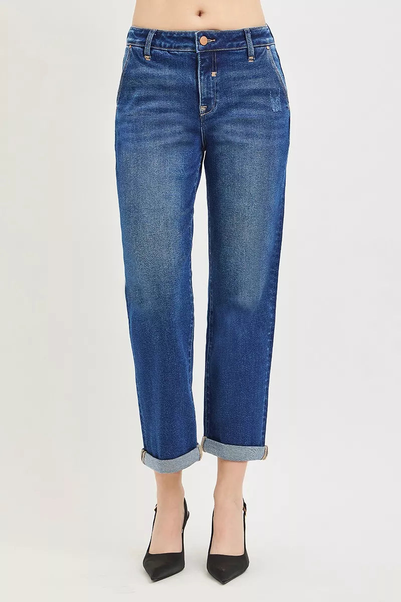 Dark RISEN slouchy cropped boyfriend jeans with cuffed hem, relaxed fit, and trendy distressed details.