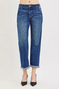 Dark RISEN slouchy cropped boyfriend jeans with cuffed hem, relaxed fit, and trendy distressed details.