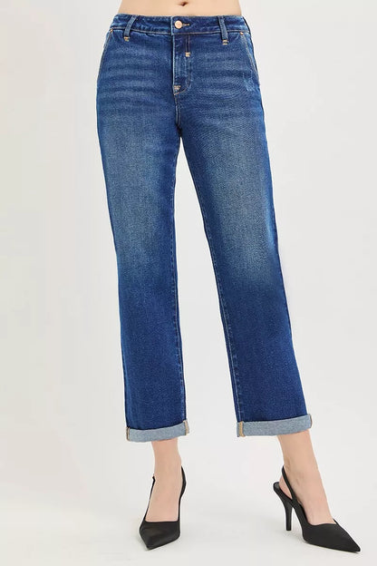 Dark RISEN slouchy cropped boyfriend jeans with cuffed hem, relaxed fit, and distressed details, styled casually.