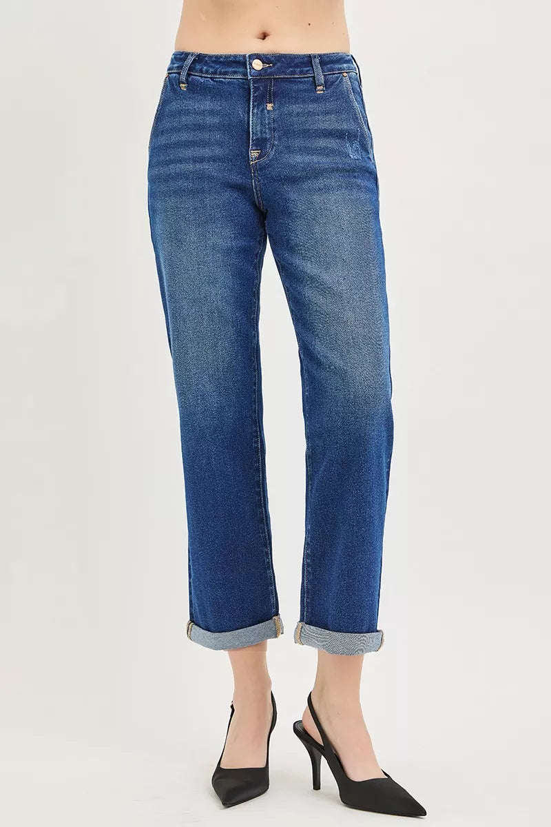 Dark RISEN slouchy cropped boyfriend jeans with cuffed hem, relaxed fit, and distressed details, styled for casual wear.