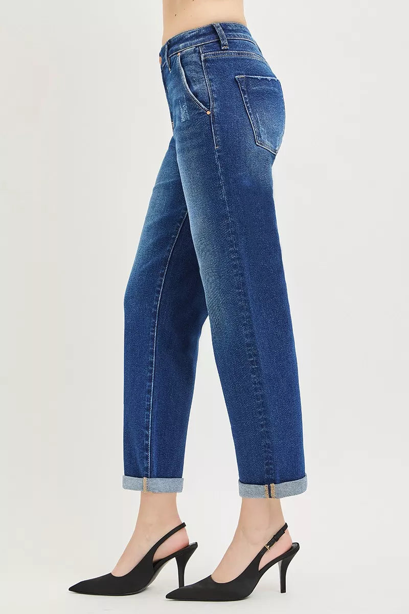 Dark RISEN slouchy cropped boyfriend jeans with cuffed hem, relaxed fit, and stylish distressed details.