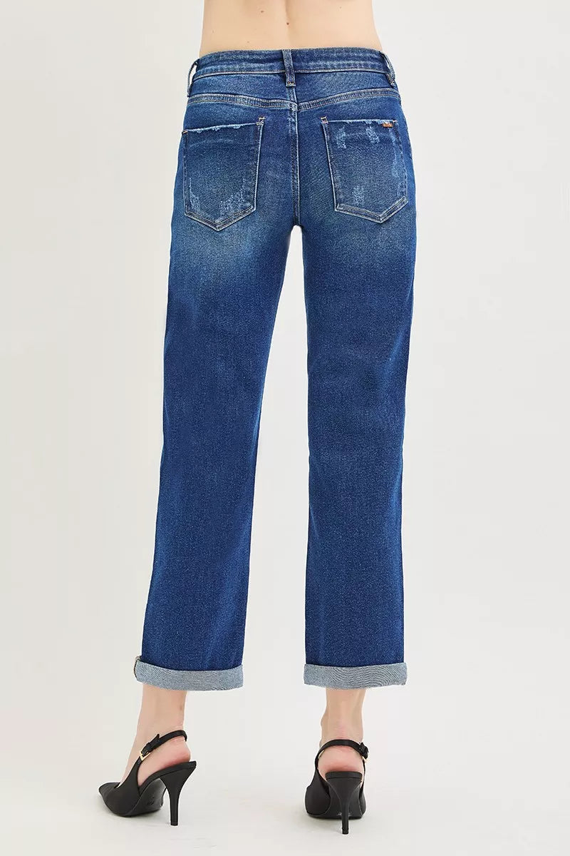 Dark RISEN Slouchy Cropped Boyfriend Jeans with Cuffed Hem, relaxed fit, casual denim style, by Trendsi.