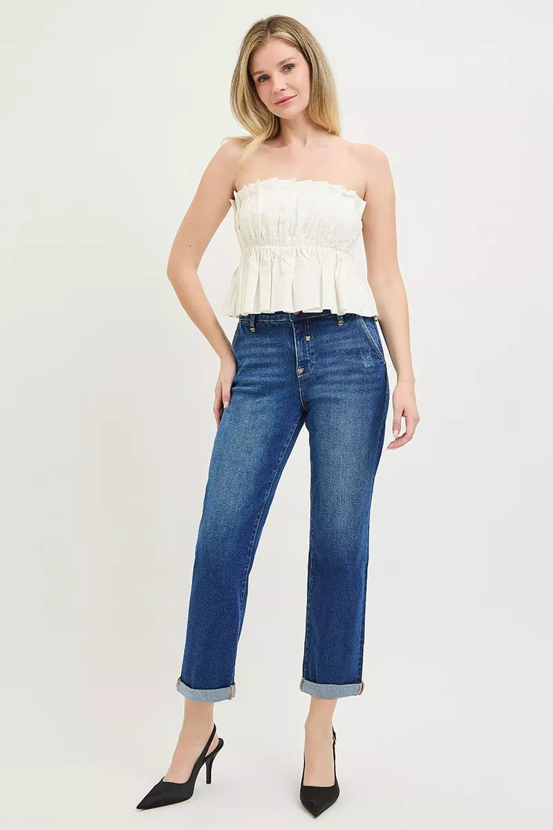 Dark RISEN slouchy cropped boyfriend jeans with cuffed hem, relaxed fit, and trendy distressed details.