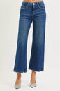 Dark wash Risen Tummy Control 4-Way Stretch High-Rise Crop Wide Leg Jeans by Trendsi, showcasing the relaxed fit and wide leg style.