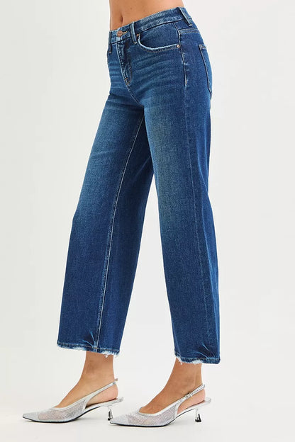 Dark high-rise crop jeans by RISEN with tummy control, 4-way stretch, and wide-leg design from Trendsi.