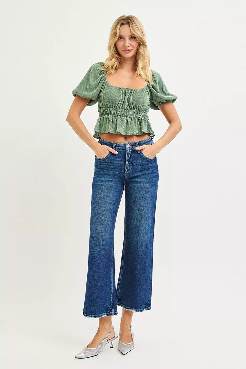Dark gray Risen Tummy Control high-rise crop wide-leg jeans by Trendsi with 4-way stretch and a flattering fit.