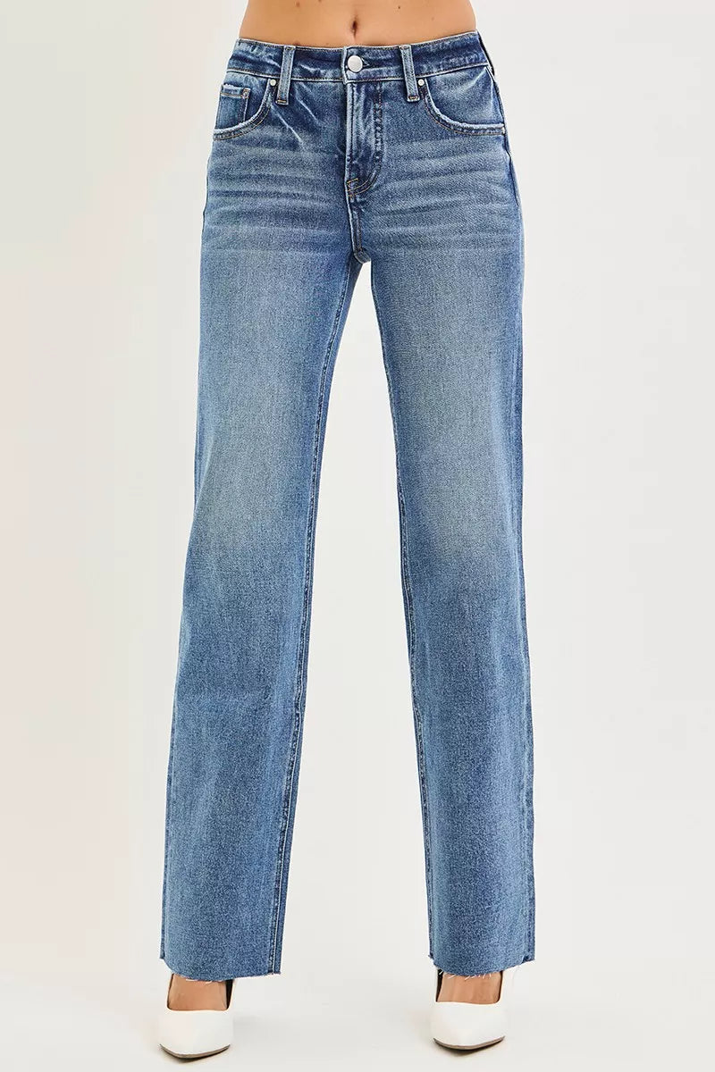 Dark Risen Tummy Control 4-Way Stretch Mid-Rise Straight Jeans from Trendsi, shown on a model with a close-up view of the fit.