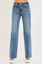 Dark Risen Tummy Control 4-Way Stretch Mid-Rise Straight Jeans from Trendsi, shown on a model with a close-up view of the fit.