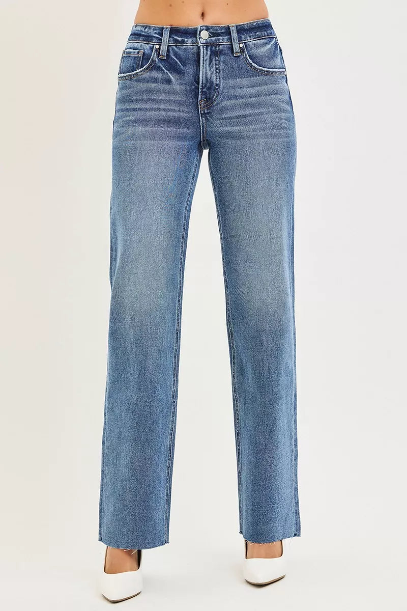 Dark Risen Tummy Control 4-Way Stretch Mid-Rise Straight Jeans from Trendsi, showing the fit and design details.