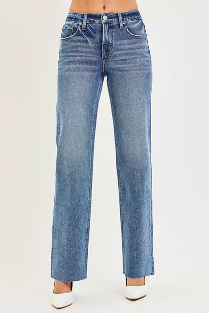 Dark Risen Tummy Control 4-Way Stretch Mid-Rise Straight Jeans from Trendsi, showing the fit and design details.